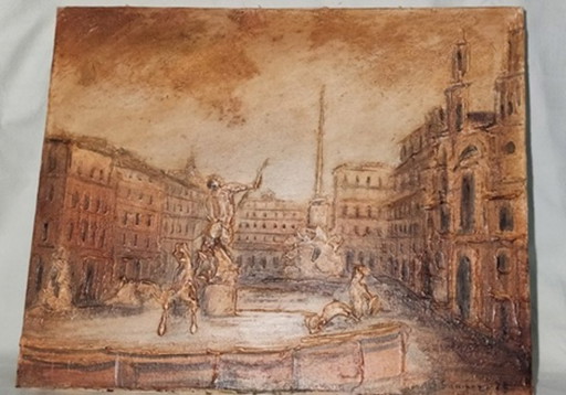 Silvano Samperi - "Piazza Navona" (1975) - Mixed Media on Canvas