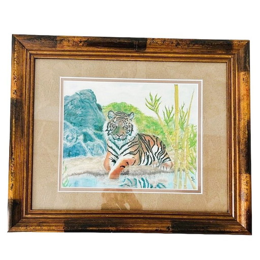 Corinne Dell Aria, gerahmtes Pastellgemälde, Tiger, 2000er Jahre
