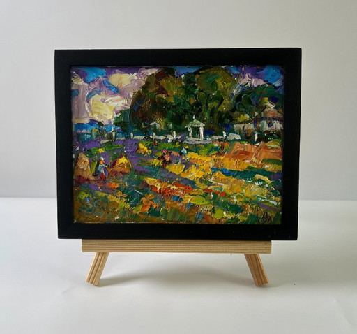 Original Oil Painting Village Day Landscape Plowing a Summer Field – schilderijen tekeningen, Canvas