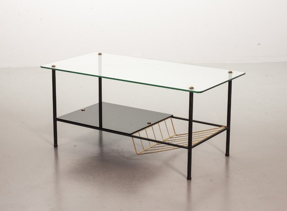 Image 1 of Mid-Century Pierre Guariche Glass Coffee / Side Table for Airborne in Black Steel with Brass Magazine Holder. France, 1950s. 