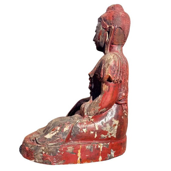 Antique Wooden Buddha Statue from Burma - Large Mandalay Buddha with Mirror Inlay – Sculpture (photo 17 of 18)
