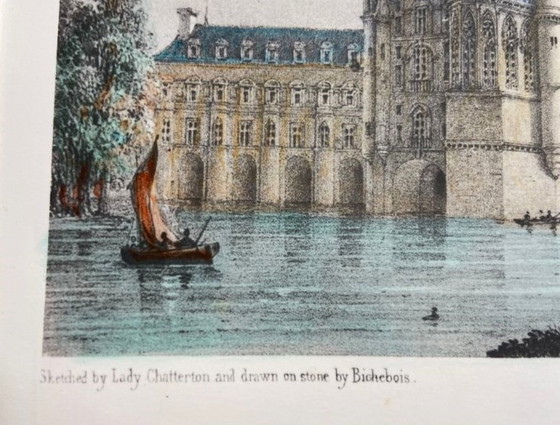 Image 1 of Antique Lithograph 1851 Château de Chenonceaux Sketch of Lady Chatterton
