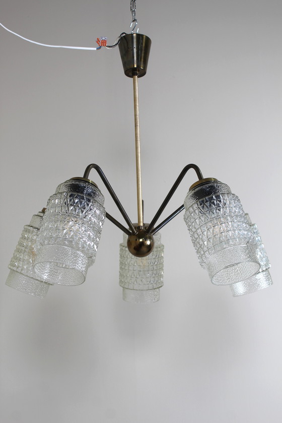 Image 1 of Plafonnier vintage, lustre - 1960s, laiton, verre