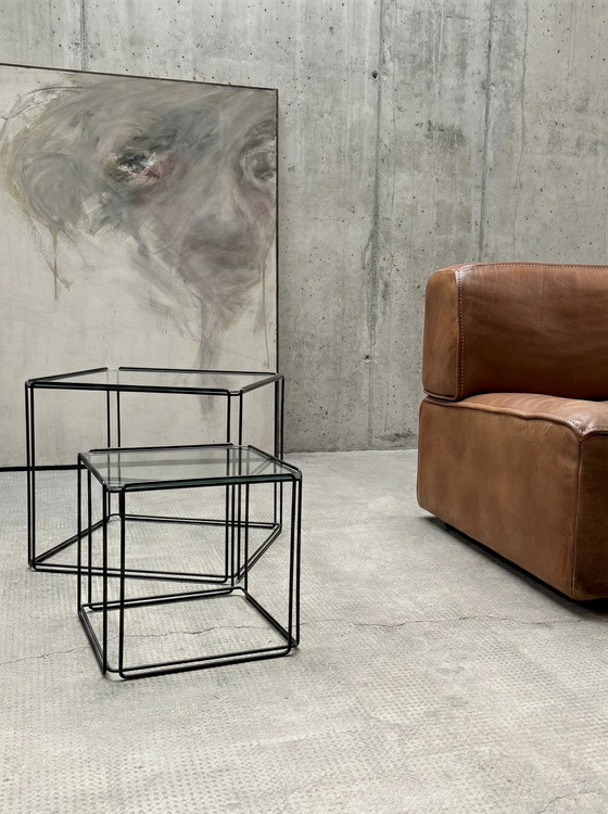 Image 1 of MAX SAUZE “ISOCELE” TAVOLINI SET DI 2 METALLO VETRO NERO FRANCIA ANNI '70