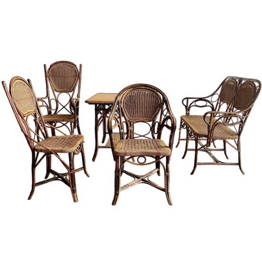 Art Nouveau Art Déco Ensemble de jardin ou de véranda en bambou, corde et rotin, à l'ancienne