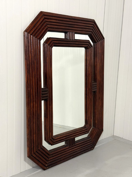 Image 1 of Gran espejo de ratán oscuro, años 70