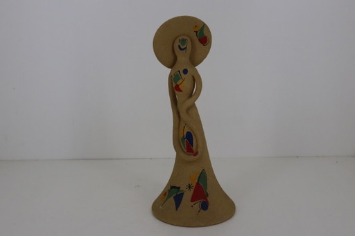 Vintage Keramiek Beeld Dame Met Hoed – Miró Stijl (29 cm) – beeldhouwkunst, Ceramic