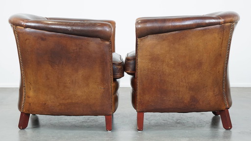 2 x Cognac-colored Sheepskin Leather Club Chair