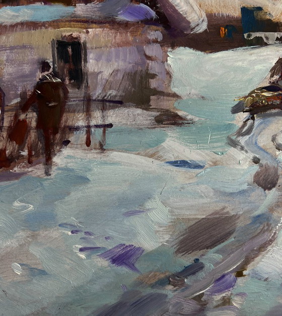 Image 1 of Original Oil Painting Night Houses Landscape Busy winter street of the village