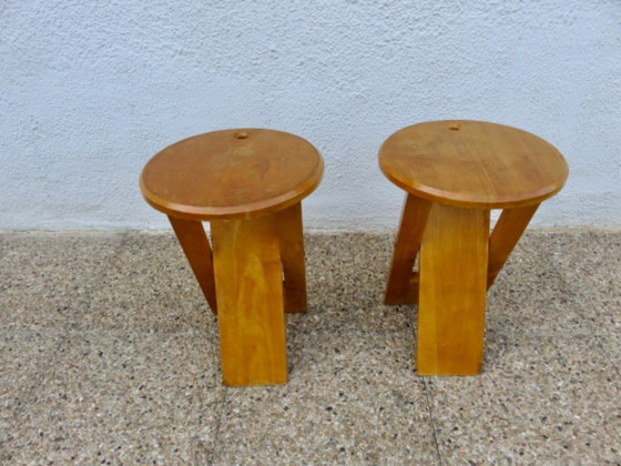 Een paar opklapbare krukjes van Roger Tallon, Sentou-editie, Frankrijk, 1980. – Wood (photo 7 of 14)