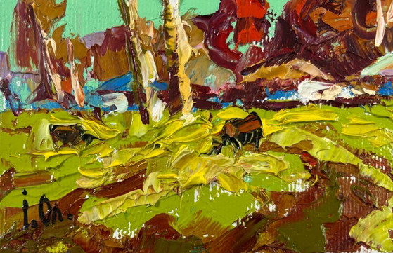 Image 1 of Original Oil Painting Day Village Landscape Spring fields are turning green
