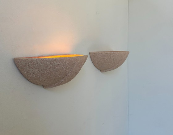 Image 1 of Paar vintage gipsen wandlampen, roze gespikkeld, Frankrijk 1970