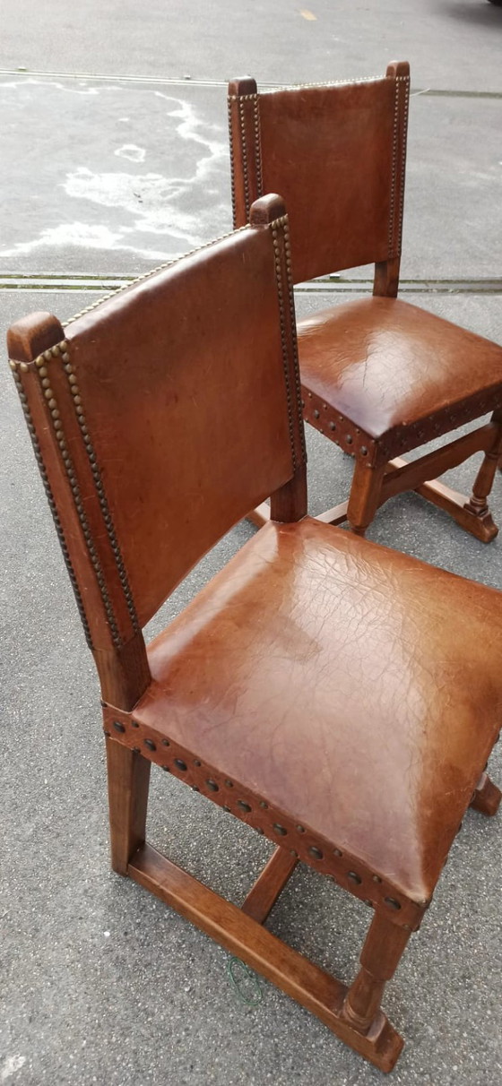 Image 1 of 6 x vintage  Spanish solid wood and leather dining chairs