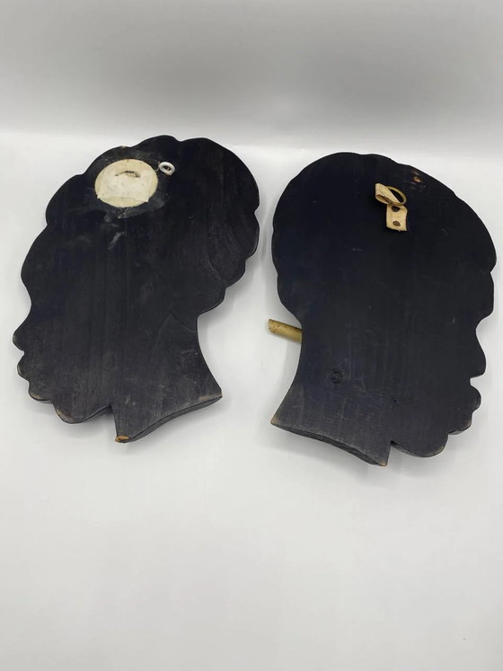 Pair of carved wall profiles signed Jan Bar – Ebony wood – Man and woman face to face – African art (photo 5 of 5)