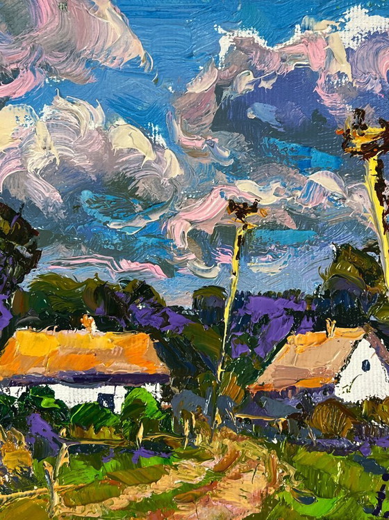 Image 1 of Peinture à l'huile originale Paysage rural Maison Rues de village d'été