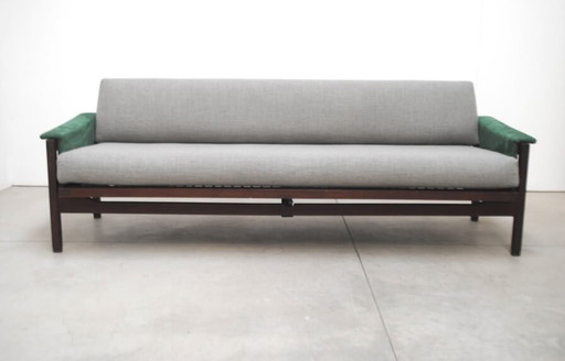 3-seater sofa in wood and velvet, 60s