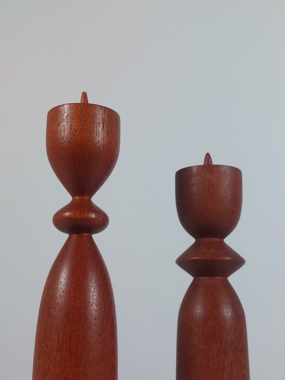 Image 1 of Pair of sculptural wooden teak candlesticks, Scandi style