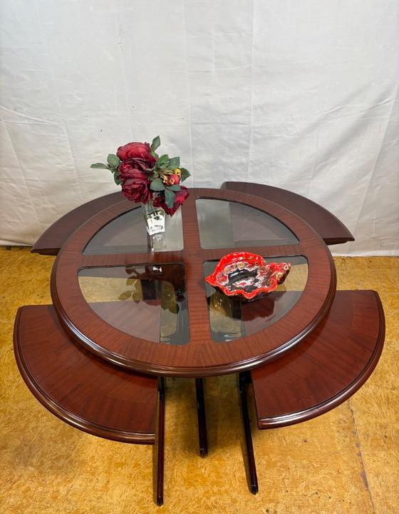 Vintage G-Plan Round Coffee Table & 4 Nested Stools | 1970s | Mahogany & Glass | Mid-Century Retro Design A (photo 4 of 18)