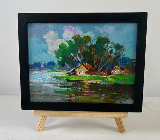 Original Oil Painting Summer Coastal Landscape The river flows past the village
