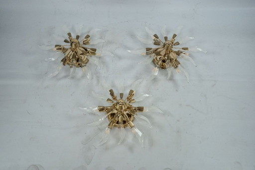 Set of three ceiling lamps in brass and crystal. Italy 1970s