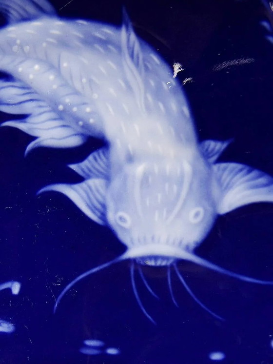 Vide-poche in porcellana smaltata blu di Limoges con design di pesce giapponese., Ciotole, Bianco, Vintage (foto 7 di 15)