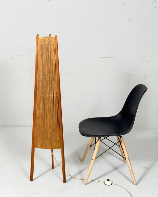 Mid-century floor lamp, sisal/teak, Temde, Switzerland, 1960s