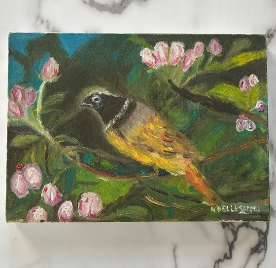 Image 1 of Antique oil painting on canvas, still life with a goldfinch