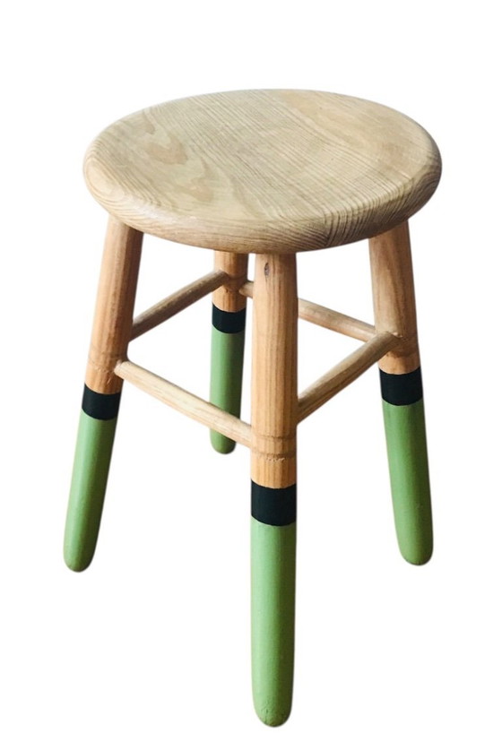 Image 1 of Solid wood stool with green and black legs