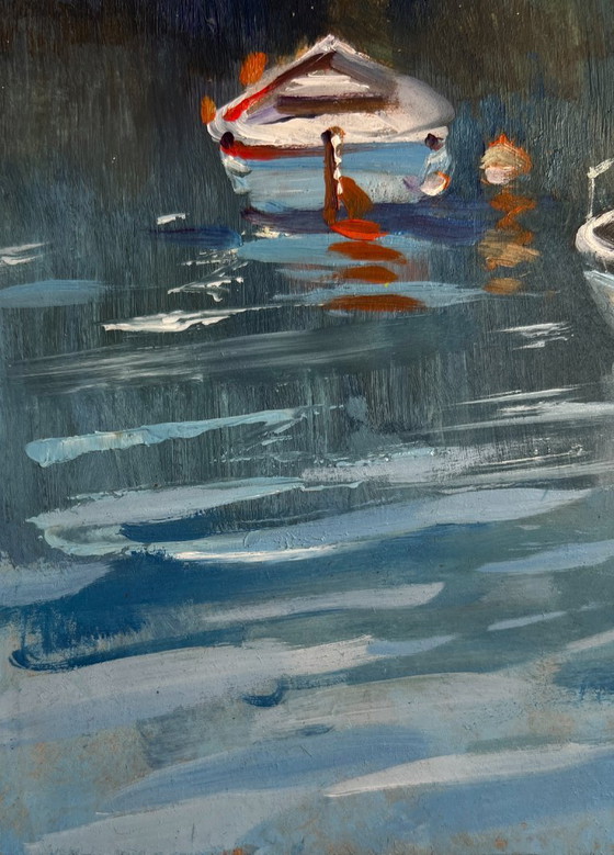 Image 1 of Origineel olieverfschilderij: Rivierboten, Landschap, Boten voor de kust van de stad