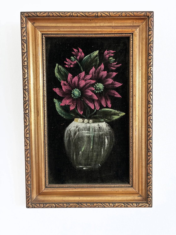 Image 1 of Vintage original velvet flower oil painting, red flower still life art