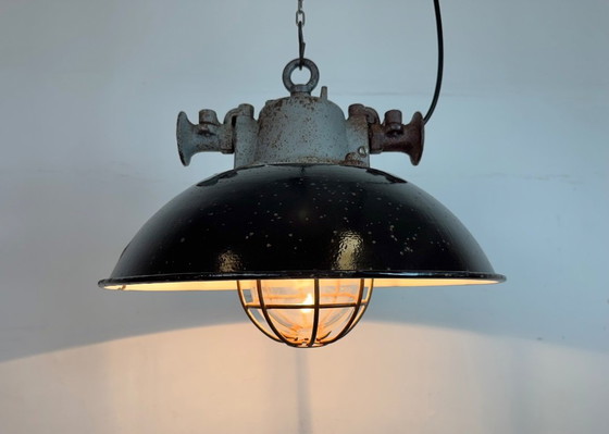 Image 1 of Black Enamel and Cast Iron Industrial Cage Pendant Light, 1960s