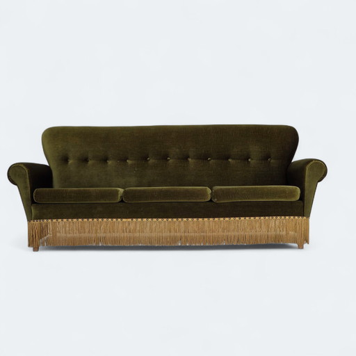 1970s Danish 3-Seater Sofa, Green Furniture Velour, Ash Wood Legs