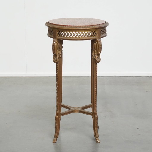 Antique French round side table with gold wood frame and marble top
