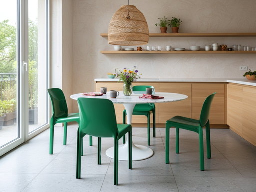 Satz von 4 grünen Selene-Vintage-Stühlen von Vico Magistretti, ARTEMIDE 1970er