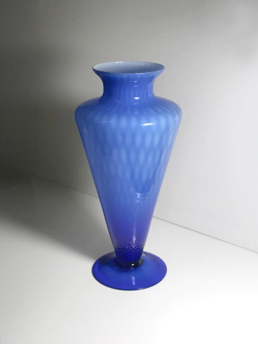 Large Murano vase, 1960s, cobalt blue, waffle technique, mid-century, milk glass, Opalina, Italy