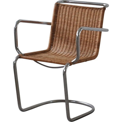 Poltrona di metà secolo in vimini e acciaio, anni '40