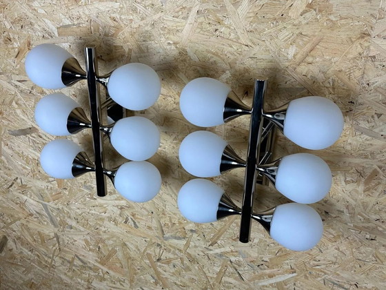 Image 1 of 2x 60s 70s 6-flame Sputnik wall lights from Kaiser Leuchten opal glass