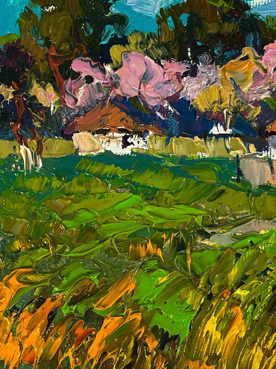 Image 1 of Peinture à l'huile originale représentant un paysage rural, une rue et le parfum printanier du village