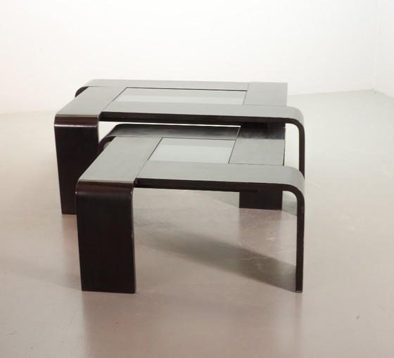 Image 1 of Mesa de centro rectangular de contrachapado lacado en negro estilo Ake Fribyter con panel de cristal ahumado, años 70.