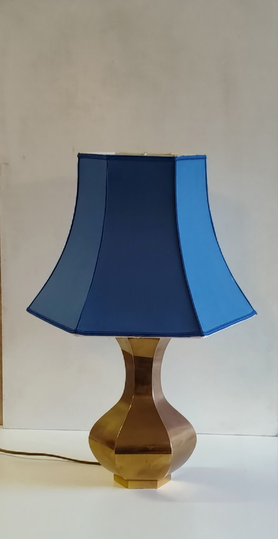 Lampada da tavolo di design anni '70 in ottone dorato e tessuto blu, Lampade da tavolo (foto 2 di 8)