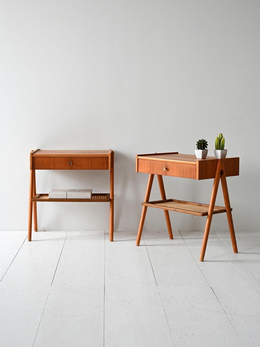 Pair of Teak and Vienna Straw Nightstands