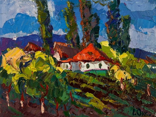 Origineel olieverfschilderij: Zomerdorplandschap, jeugd in de geuren van gras.