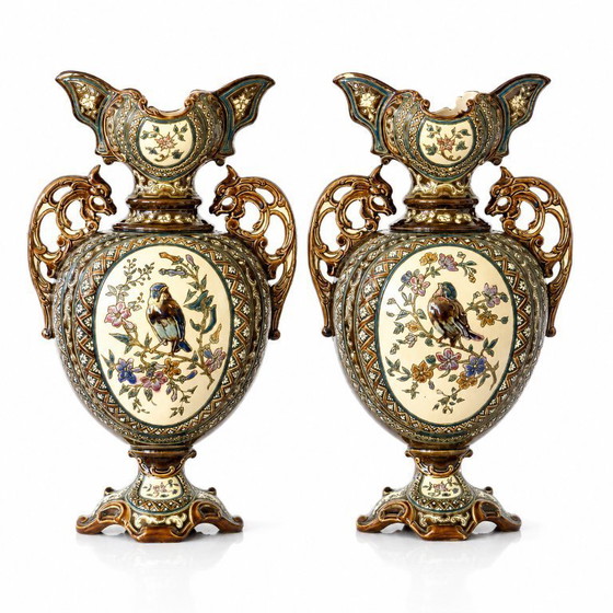 Image 1 of Pair of antique Austrian majolica vases from 1885, signed Gerbing & Stephan