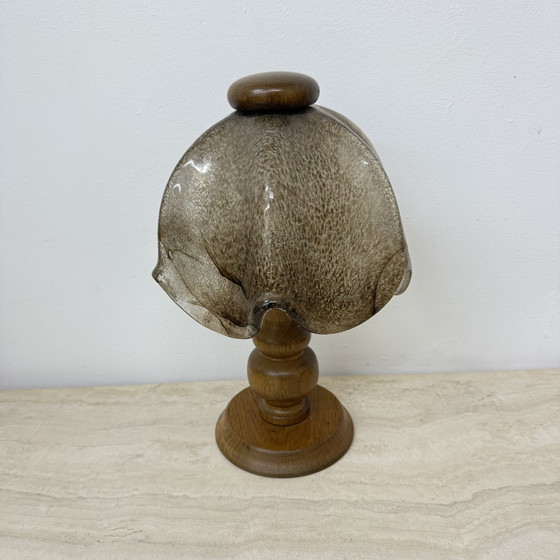 Image 1 of Vintage Brutalist Glass Table Lamp with Solid Oak Wooden Base, 1970s