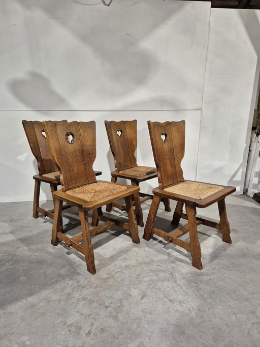 4 Stühle im Stil des Brutalismus mit Sitzfläche aus Binsen