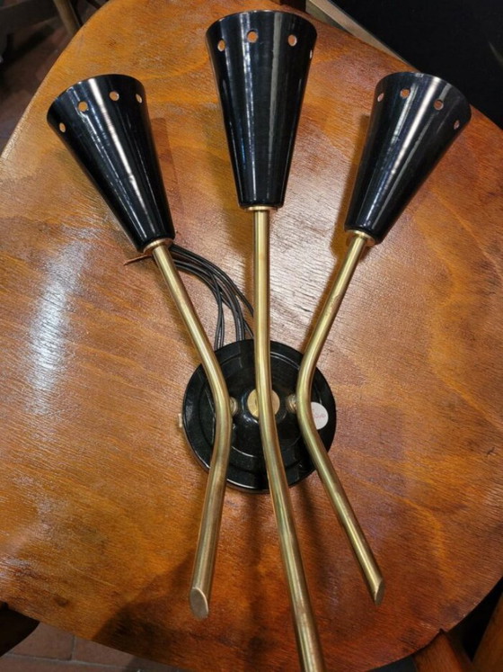 Zwarte en messing driearmige Wandlamp, Wandlampen, Metaal, Mid Century Modern (foto 5 van 5)