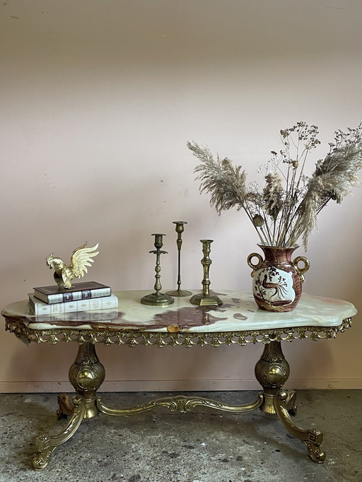 Vintage coffee table with brass base and onyx marble top