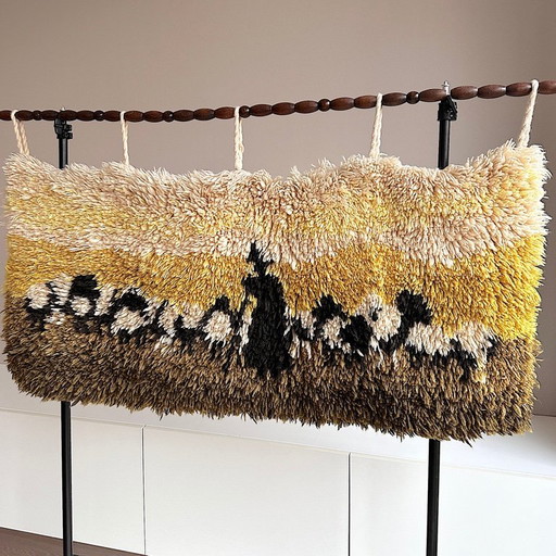 Vintage Wandteppich . Leibfried Rya Color . 70er . Mid Century . Handgearbeitet . Wolle . Hirte . Schafe . Befestigungsstab Holz