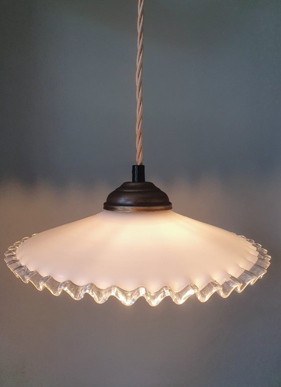 Image 1 of vintage pendant lamp of white opaline glass - fringes - clichy