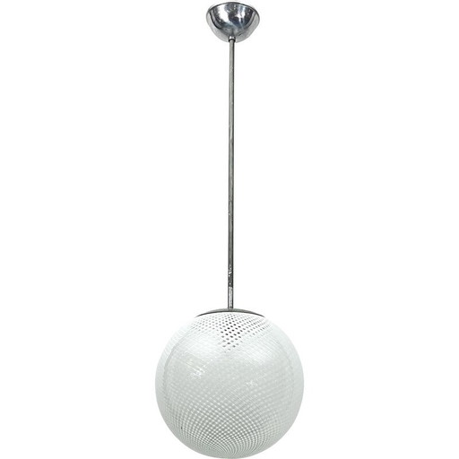 Lampada a sospensione vintage a forma di sfera in vetro di Murano e metallo di Venini Reticello, Italia 1950